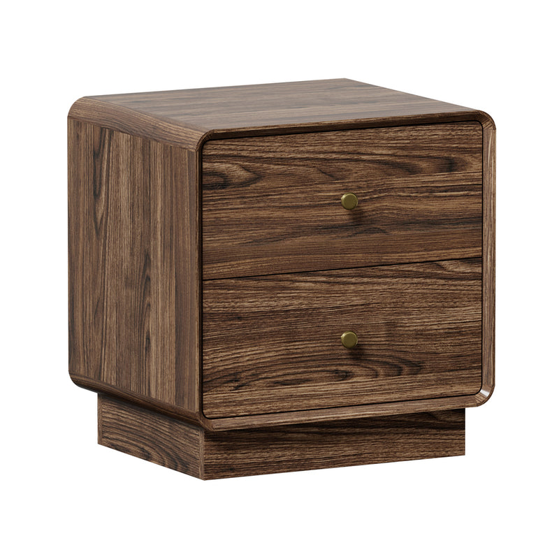 Oikiture Bedside Table 2 Drawers Nightstand Round Corner Walnut