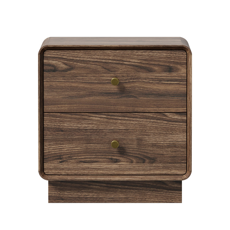 Oikiture Bedside Table 2 Drawers Nightstand Round Corner Walnut