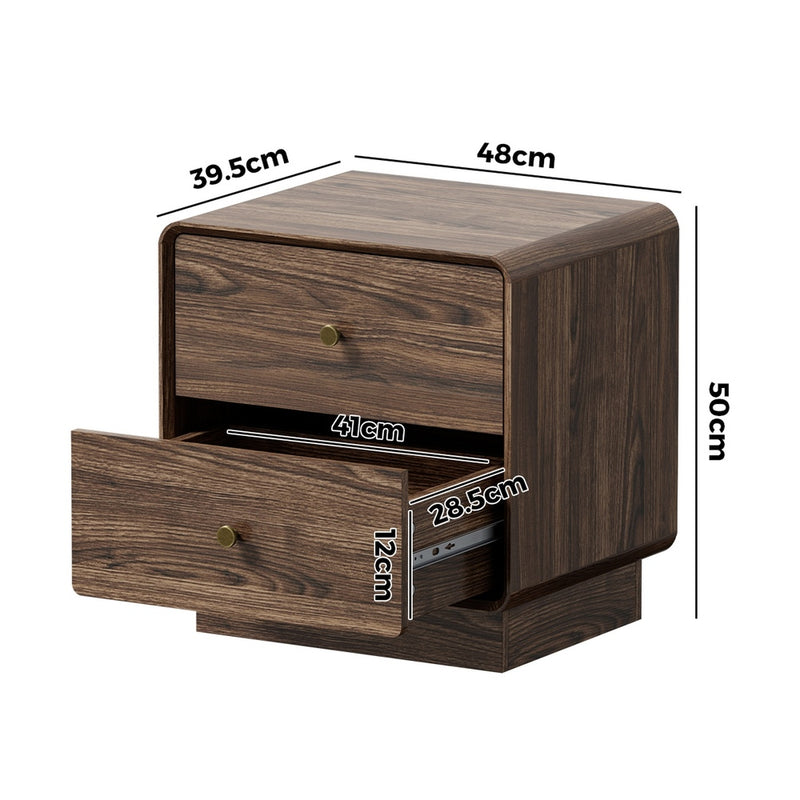 Oikiture Bedside Table 2 Drawers Nightstand Round Corner Walnut