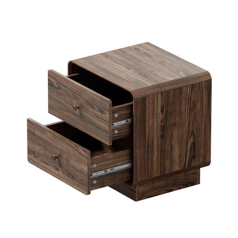 Oikiture Bedside Table 2 Drawers Nightstand Round Corner Walnut