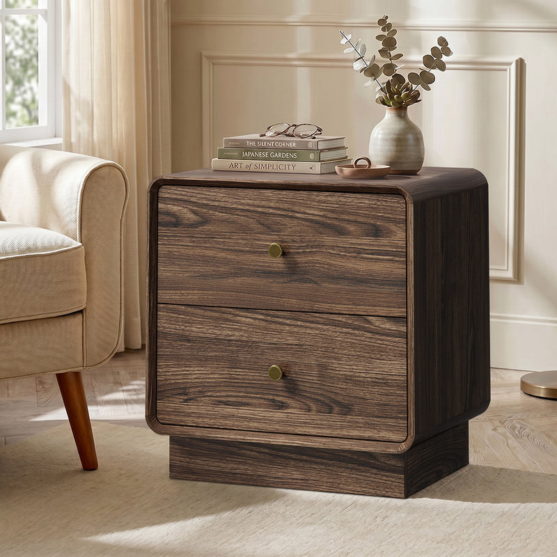 Oikiture Bedside Table 2 Drawers Nightstand Round Corner Walnut