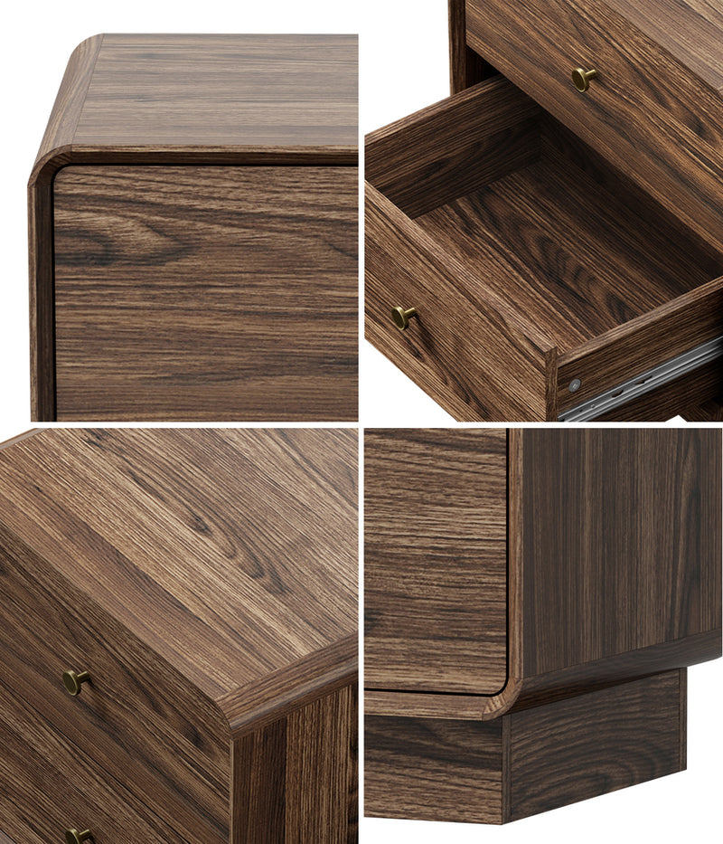 Oikiture Bedside Table 2 Drawers Nightstand Round Corner Walnut