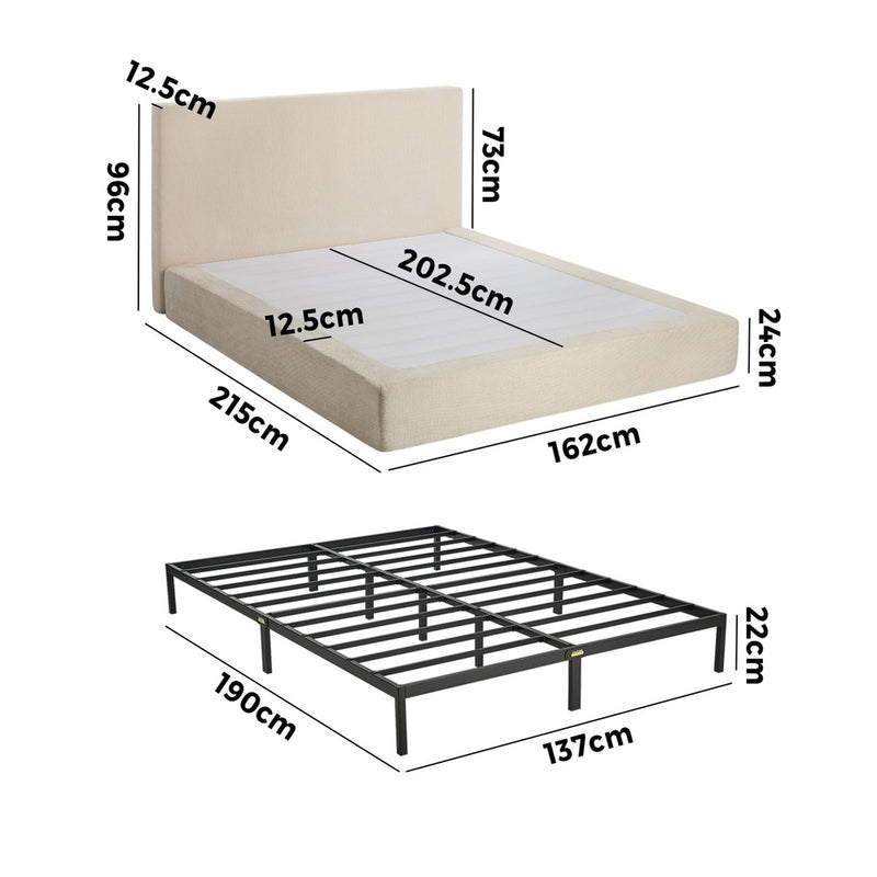 Oikiture Double Upholstered Fabric Bed Frame Metal Base Chenille Beige