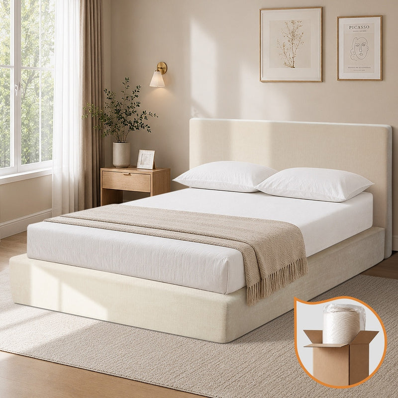 Oikiture Queen Upholstered Fabric Bed Frame Metal Base Chenille Beige