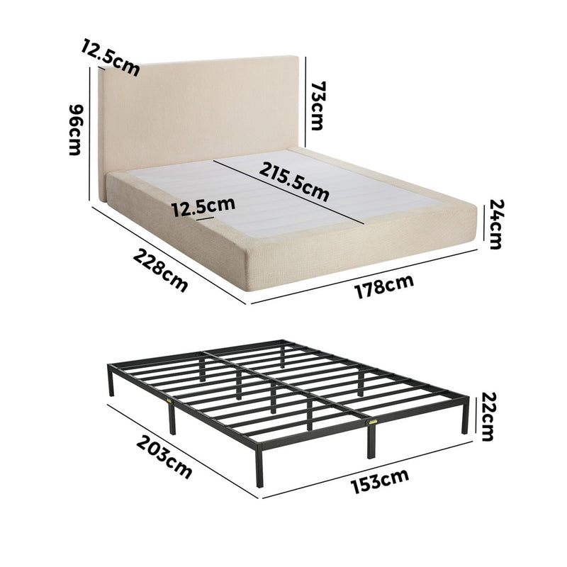 Oikiture Queen Upholstered Fabric Bed Frame Metal Base Chenille Beige