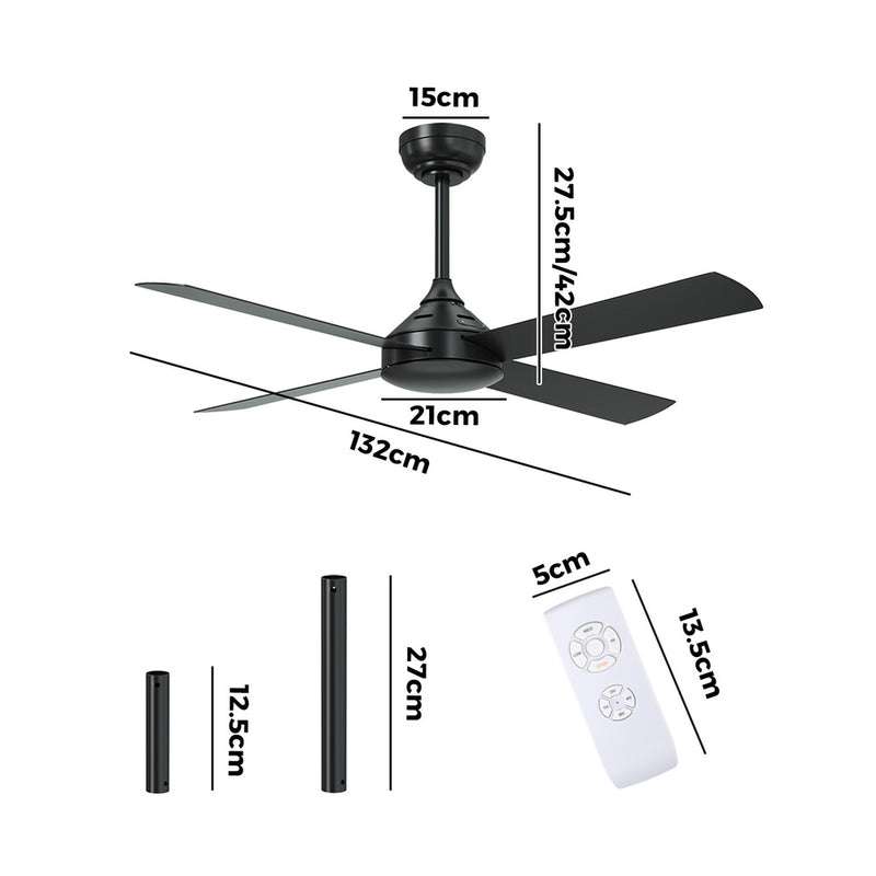 Vevare 52'' Ceiling Fan AC Remote Control Timer 4 Blades Black