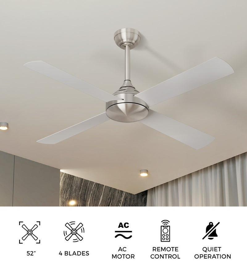 Vevare 52'' Ceiling Fan AC Remote Control Timer 4 Blades Silver