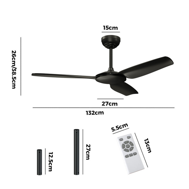 Vevare 52'' Ceiling Fan DC 3 ABS Blades Remote Control Timer Black