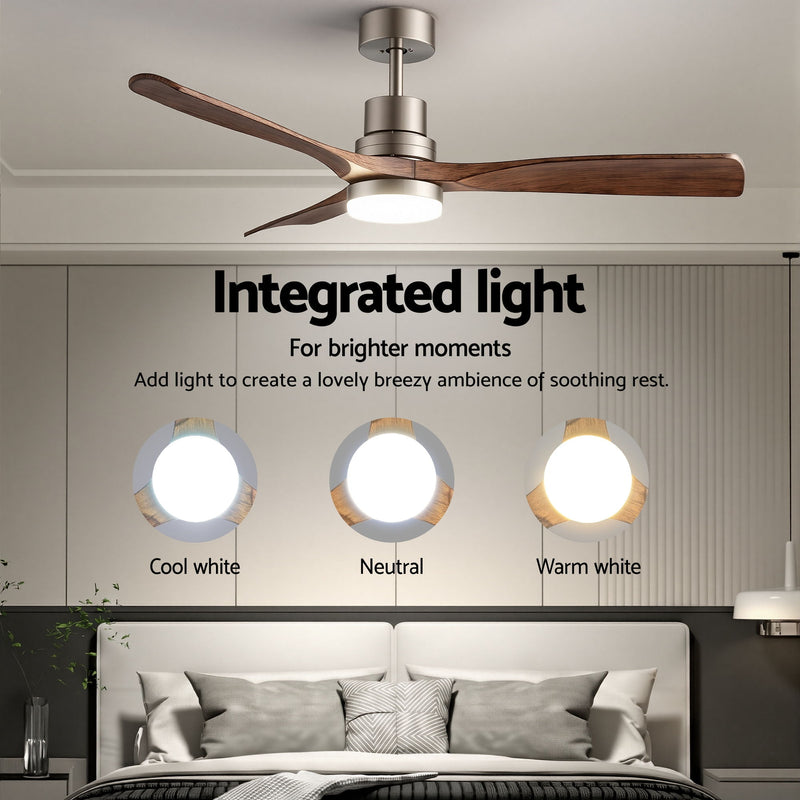 Devanti 52" Ceiling Fan with Light Remote Control DC Motor Smart App Timber Blades Brown