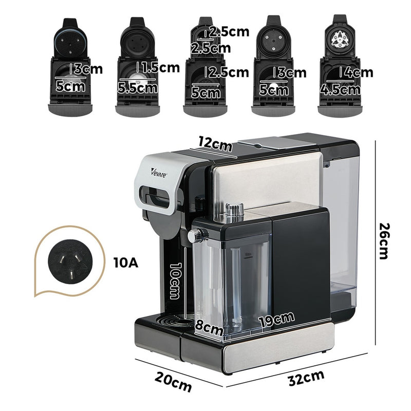 Vevare 5in1 Capsule Coffee Machine Milk Frother Nespresso Pod Maker