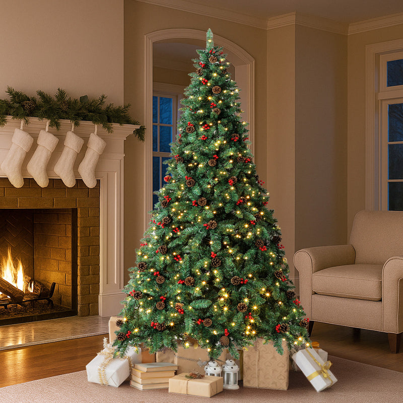 Mazam Christmas Tree 1.8M 6FT Xmas Decorations Green w/ LED Light and Pine Cones