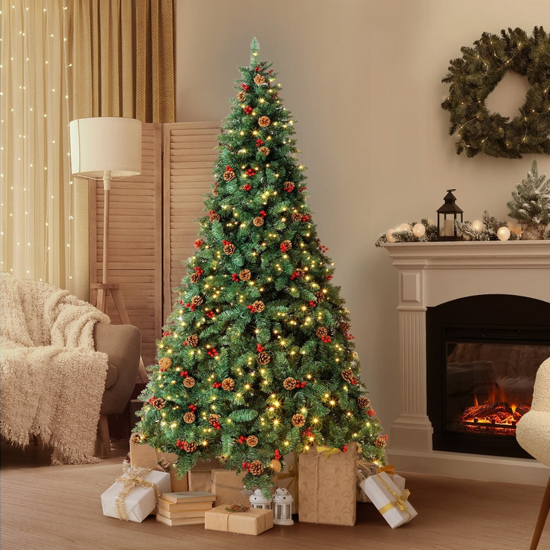 Christmas Tree 1.8M 6FT Xmas Decorations Green w/ LED Light and Pine Cones