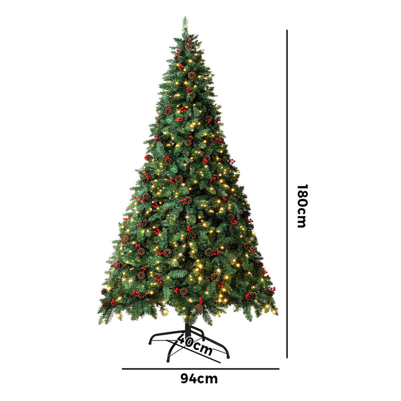 Mazam Christmas Tree 1.8M 6FT Xmas Decorations Green w/ LED Light and Pine Cones