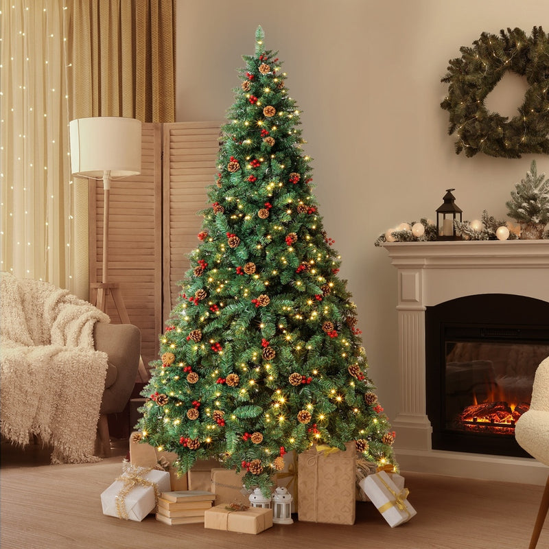 Mazam Christmas Tree 2.1M 7FT Xmas Decorations Green w/ LED Light and Pine Cones