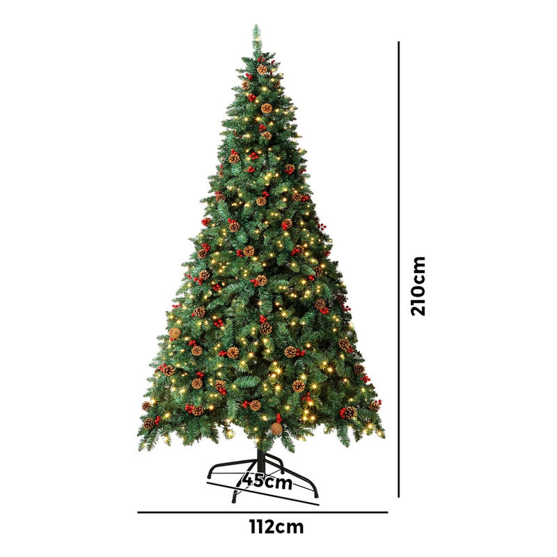 Mazam Christmas Tree 2.1M 7FT Xmas Decorations Green w/ LED Light and Pine Cones