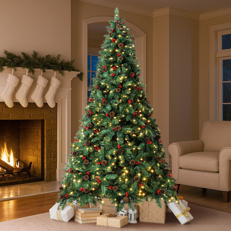 Mazam Christmas Tree 2.4M 8FT Xmas Decorations Green w/ LED Light and Pine Cones