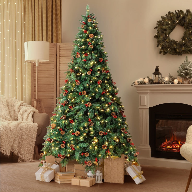 Christmas Tree 2.4M 8FT Xmas Decorations Green w/ LED Light and Pine Cones