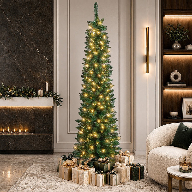 Tinseltown Slim LED Christmas Tree 6FT 1.8M Warm Lights Green 300 Tips