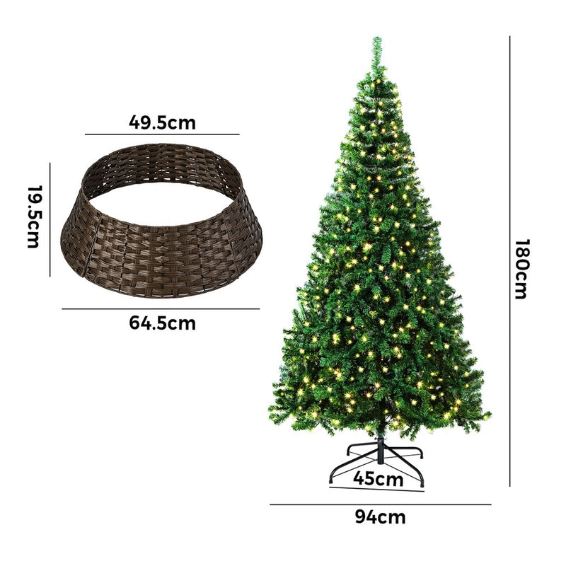 Tinseltown LED Christmas Tree 1.8M 6FT with Rattan Tree Skirt Warm Light Green