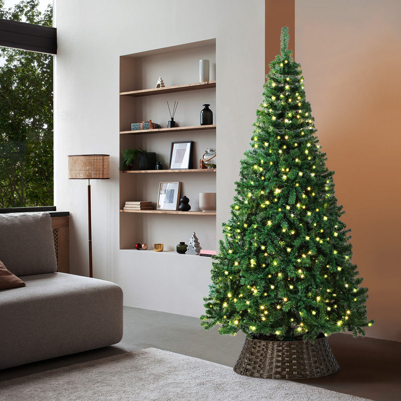 Tinseltown LED Christmas Tree 1.8M 6FT with Rattan Tree Skirt Warm Light Green