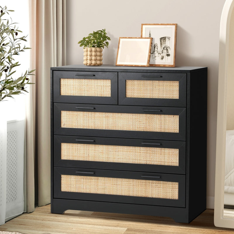 Oikiture 5 Chest of Drawers Dresser Rattan Black