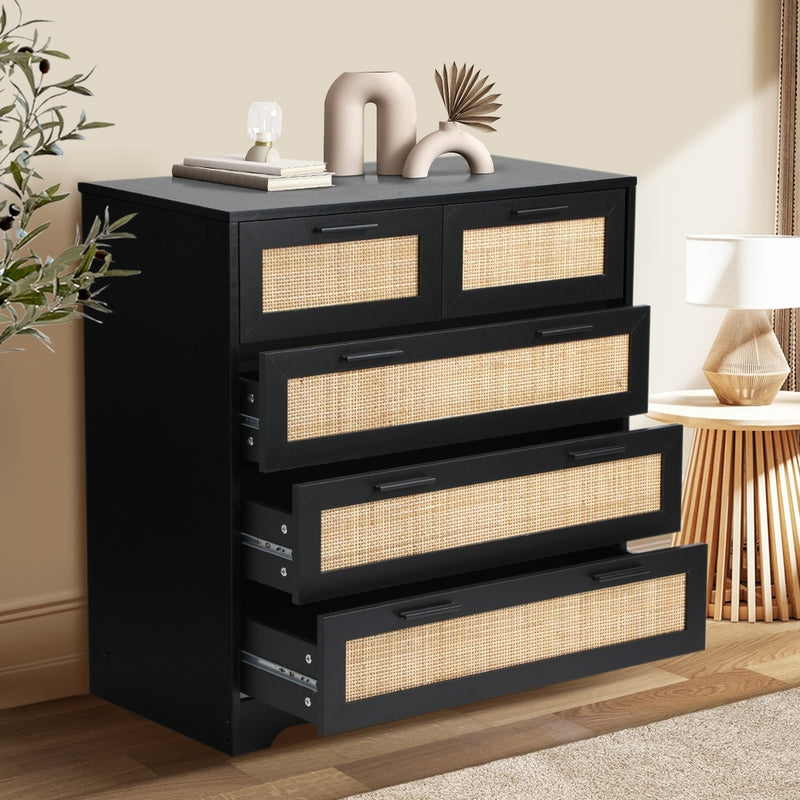 Oikiture 5 Chest of Drawers Dresser Rattan Black