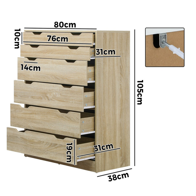 Oikiture 6 Chest of Drawers Tallboy Wooden