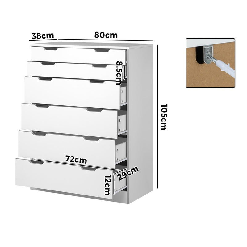 Oikiture 6 Chest of Drawers Tallboy White