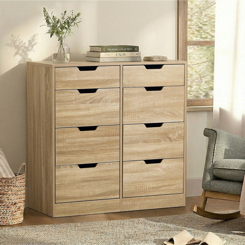 Oikiture 8 Chest of Drawers Tallboy Cabinet Bedroom Storage Natural