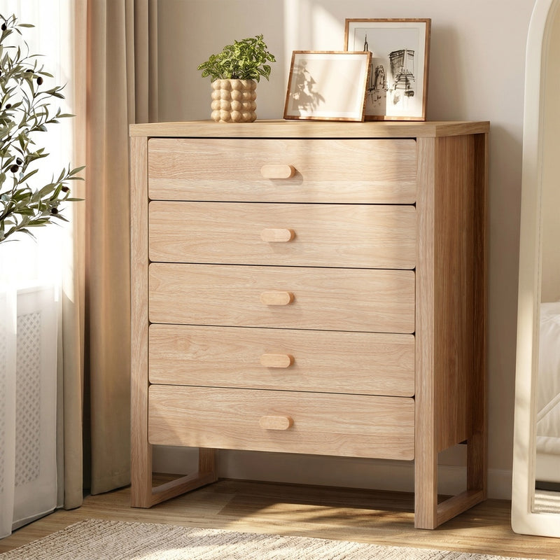 Oikiture 5 Chest of Drawers Dresser Tallboy Storage Bedroom Natural