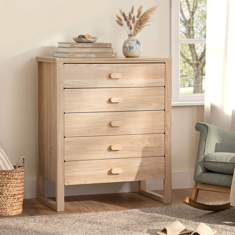 Oikiture 5 Chest of Drawers Dresser Tallboy Storage Bedroom Natural