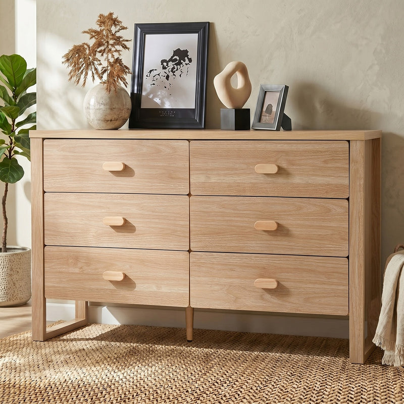 Oikiture 6 Chest of Drawers Dresser Lowboy Storage Bedroom Natural
