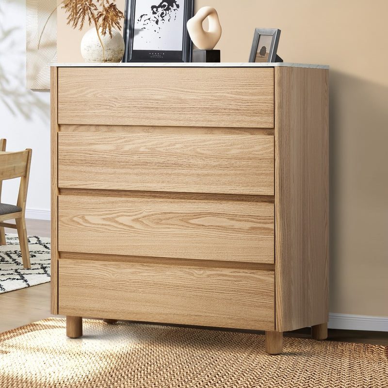 Oikiture 4 Chest of Drawers Dresser Faux Marble Top Natural