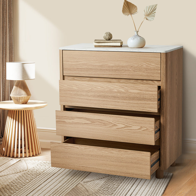 Oikiture 4 Chest of Drawers Dresser Faux Marble Top Natural