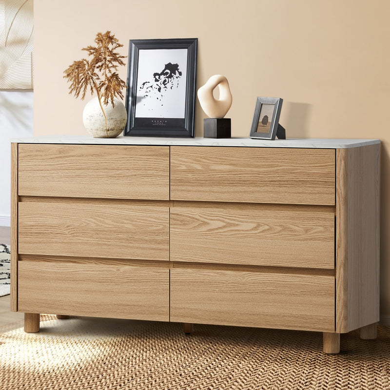 Oikiture 6 Chest of Drawers Dresser Faux Marble Top Natural