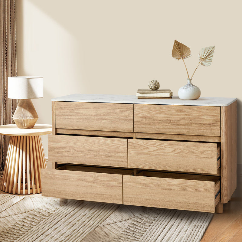 Oikiture 6 Chest of Drawers Dresser Faux Marble Top Natural