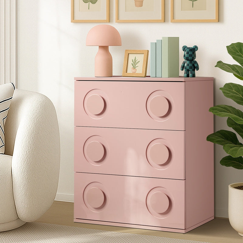 Oikiture 3 Chest of Drawers Cabinet Bedroom Dresser Night Stand Pink