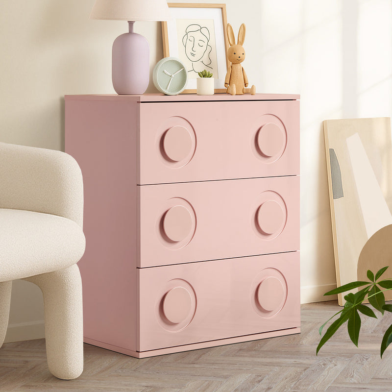 Oikiture 3 Chest of Drawers Cabinet Bedroom Dresser Night Stand Pink