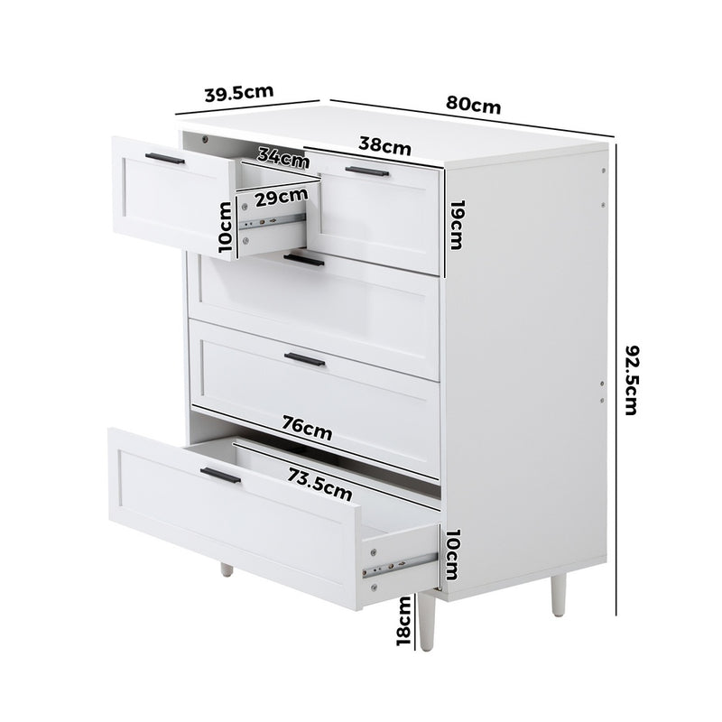 Oikiture 5 Chest of Drawers Dresser Tallboy White