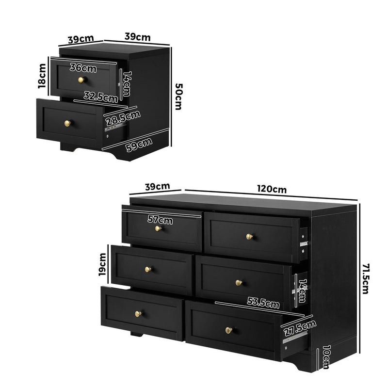 Oikiture 6 Chest of Drawers and Bedside Table Hamptons Furniture Set Black