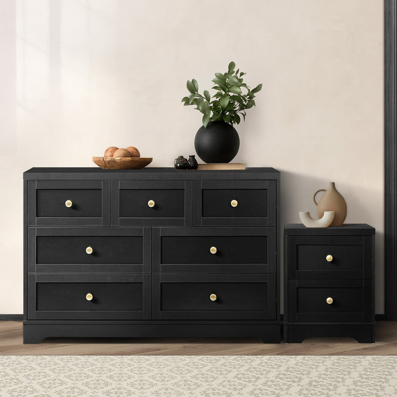 Oikiture 7 Chest of Drawers and Bedside Table Hamptons Furniture Set Black