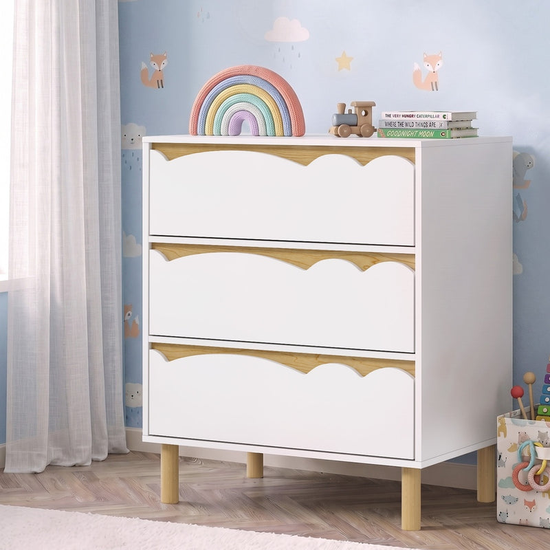 Oikiture 3 Chest Of Drawers Handle-free Kids Bedroom Storage White