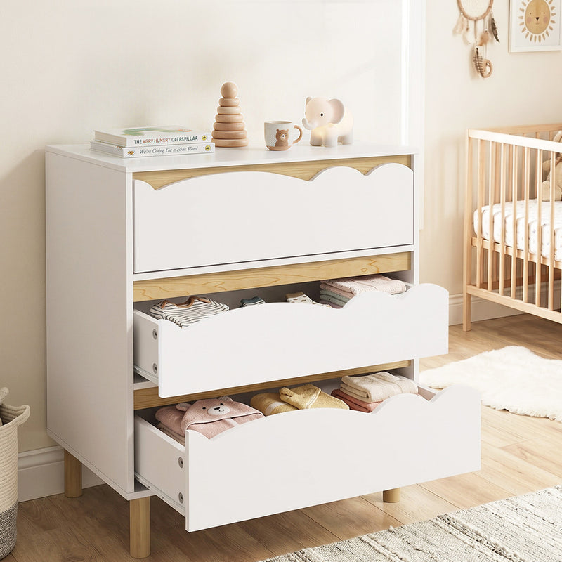 Oikiture 3 Chest Of Drawers Handle-free Kids Bedroom Storage White
