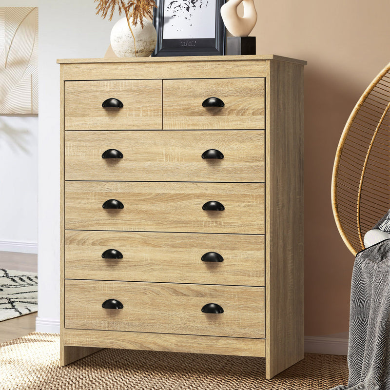 Oikiture Tallboy Chest of Drawer with 6 Drawers Natural Wood