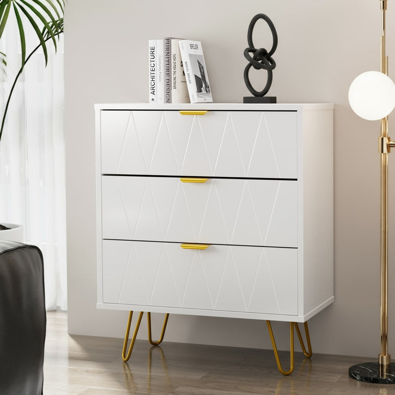 Oikiture 3 Chest of Drawers Gold Handles Dresser Storage Cabinet White
