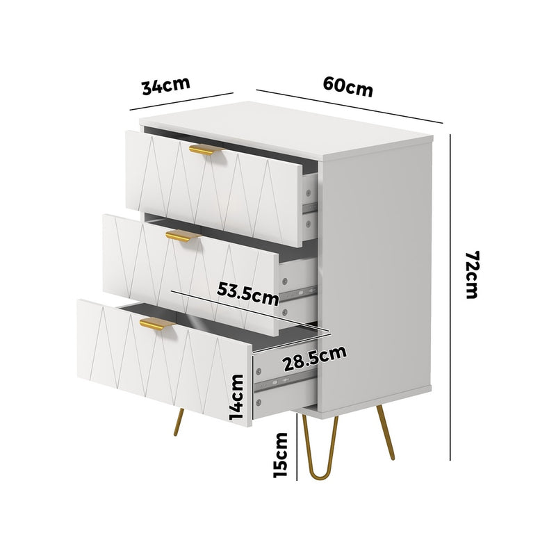 Oikiture 3 Chest of Drawers Gold Handles Dresser Storage Cabinet White
