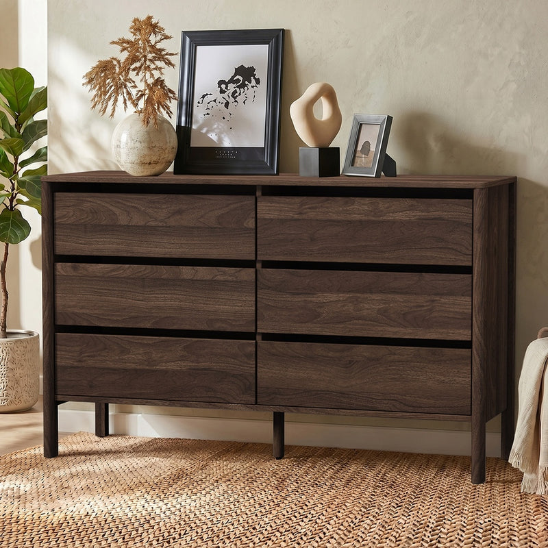Oikiture 6 Chest Of Drawers Dresser Lowboy Handle-Free Walnut
