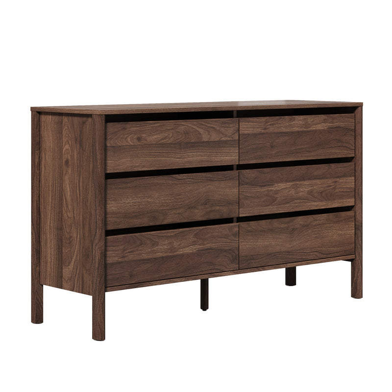 Oikiture 6 Chest Of Drawers Dresser Lowboy Handle-Free Walnut