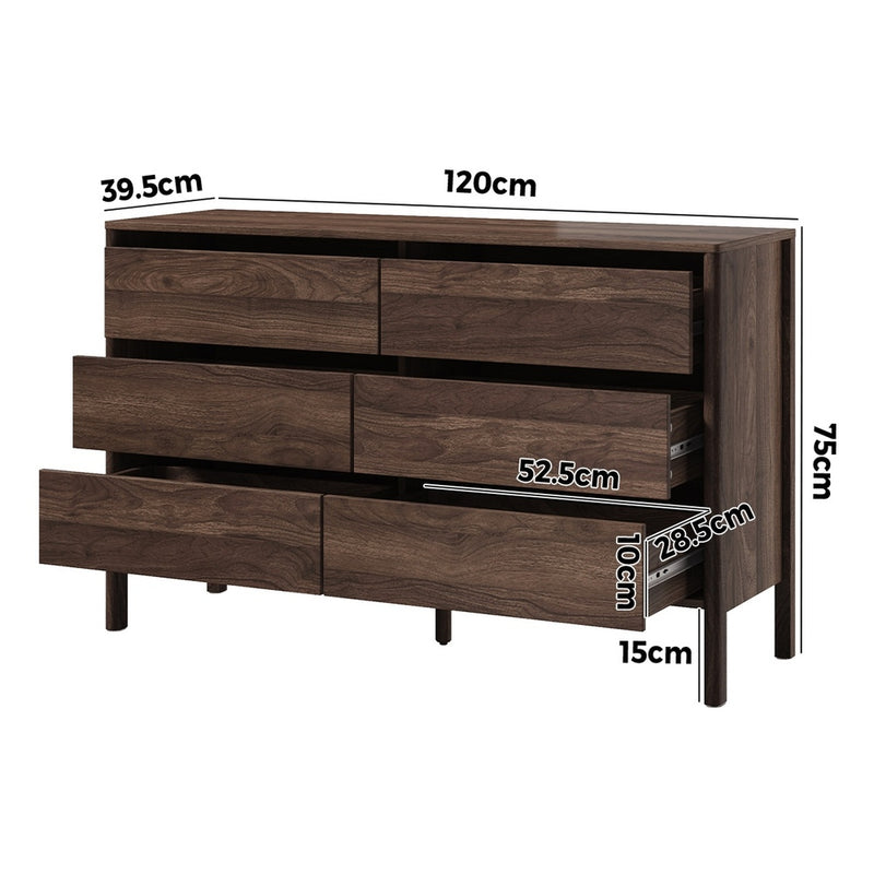 Oikiture 6 Chest Of Drawers Dresser Lowboy Handle-Free Walnut