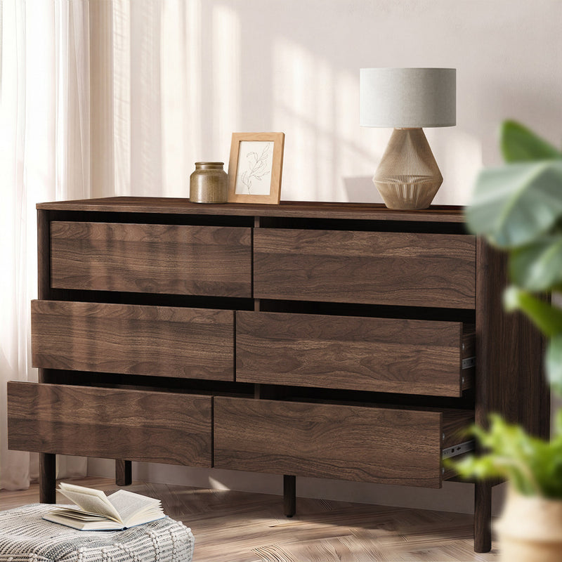 Oikiture 6 Chest Of Drawers Dresser Lowboy Handle-Free Walnut